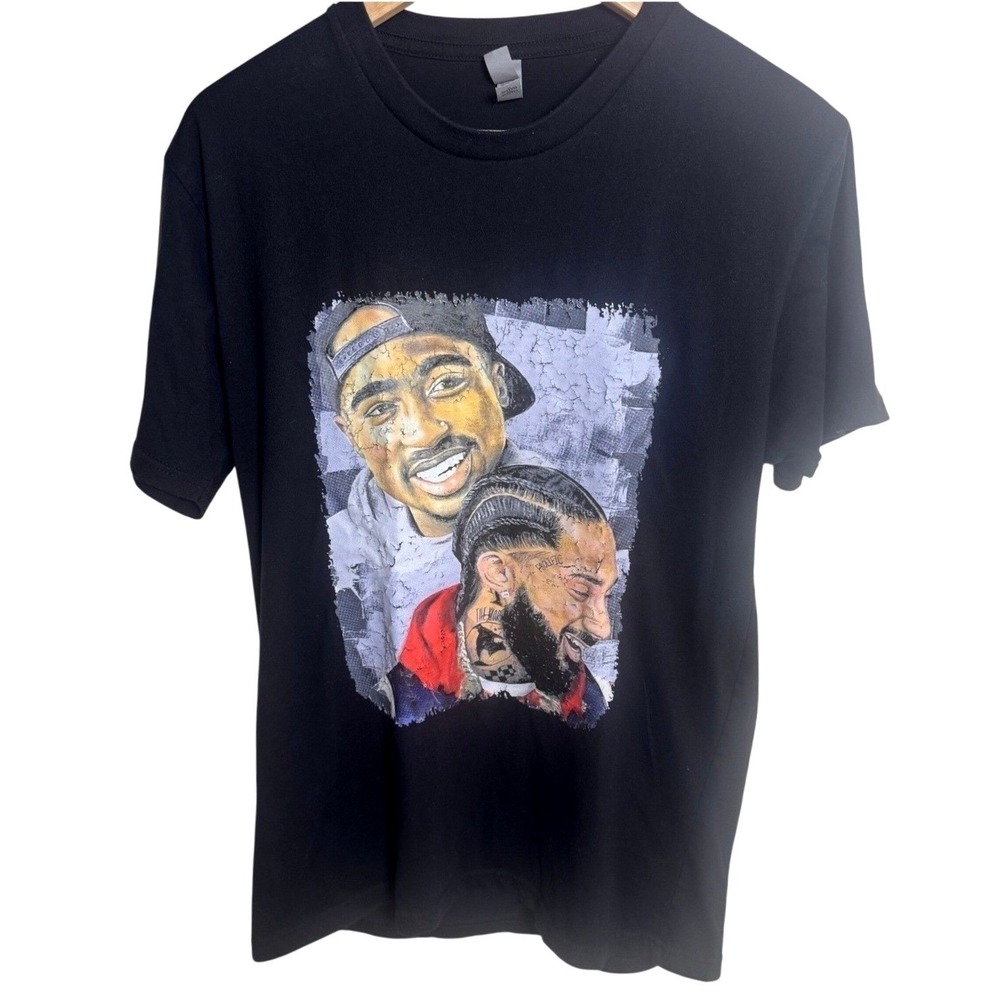 Tupac 2Pac Nipsey Hussle Graphic T Shirt Black Men's L Hip Hop Rap Tee